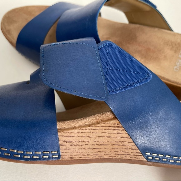 Dansko Lacee Platform Sandal Slide Shoe Cobalt Blue Burnished Leather Open Toe - Picture 10 of 12